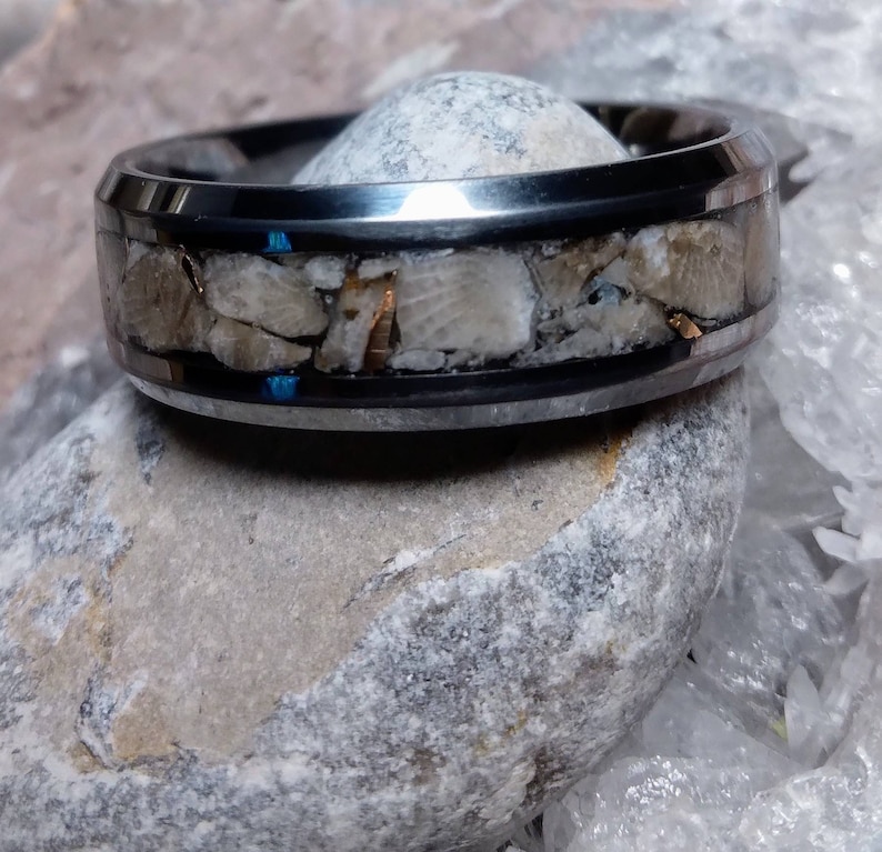 Pu&ograve; includere: Un anello in carburo di tungsteno nero con una fascia di materiale fossilizzato. L'anello ha una finitura lucida e un bordo smussato.