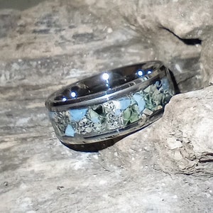 Custom Inlay Wedding Band with Isle Royale Greenstone, Yooperlite®, and Leland Blue | Handmade Michigan Stone Ring