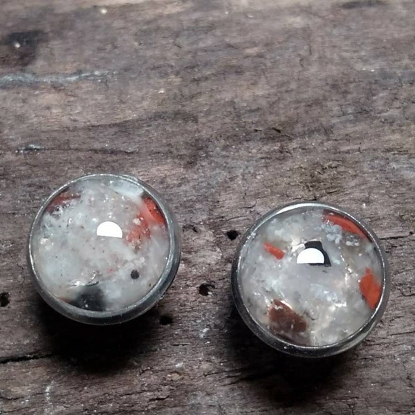 Puddingstone pebbles inlayed by hand into a stud bezel setting 8mm wide in your choice of metal