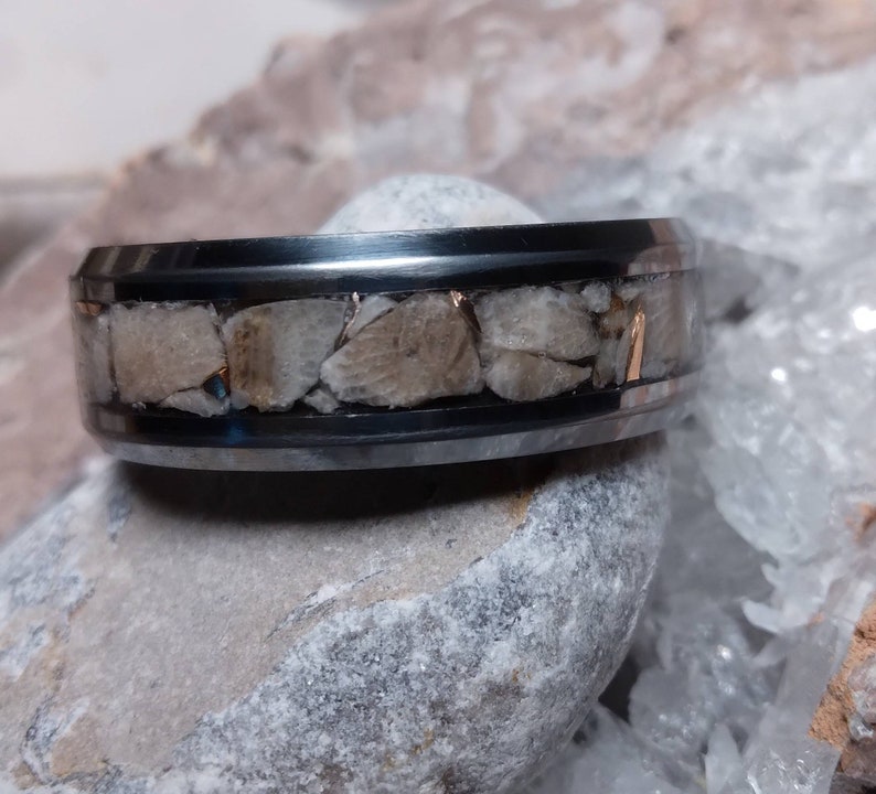 Pu&ograve; includere: Un anello in carburo di tungsteno nero con una fascia di intarsi di conchiglia fossilizzata. L'anello ha una finitura lucida e un bordo smussato.