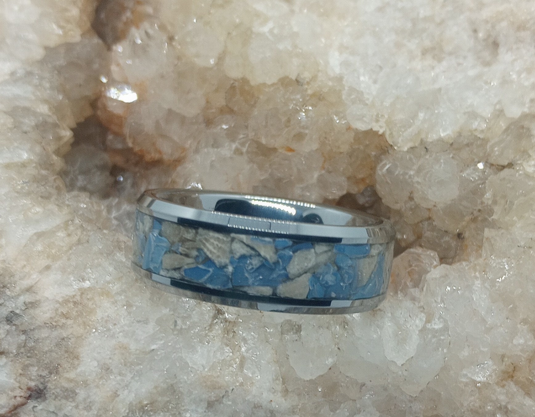 Petoskey Stone and Leland Blue Stone Inlay Wedding Band in Your Chosen ...