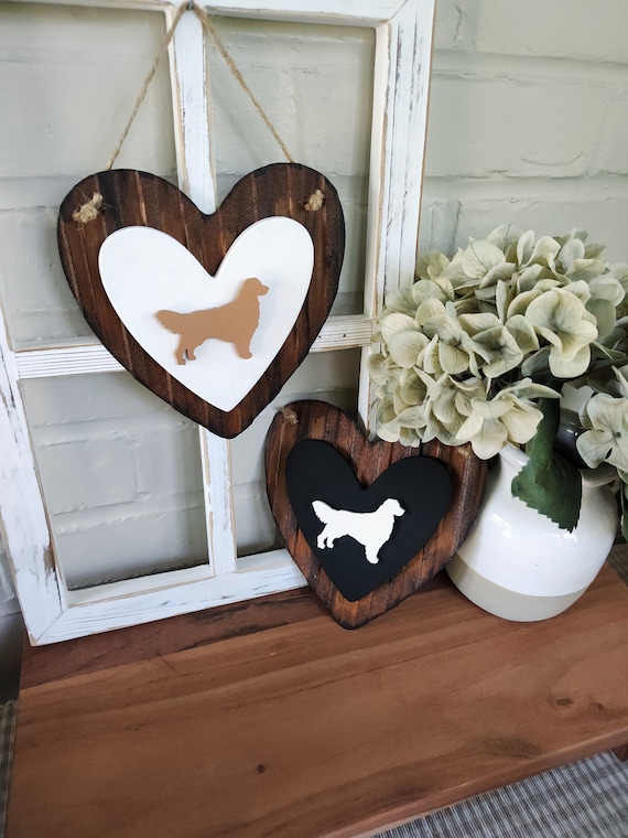 Golden Retriever Rustic Metal Wood Heart Sign Cream Golden English Golden Dog Lover Gift