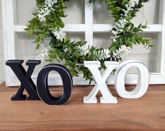 Chunky Wood Block Letters XO Distressed Black or White Tiered Tray Display