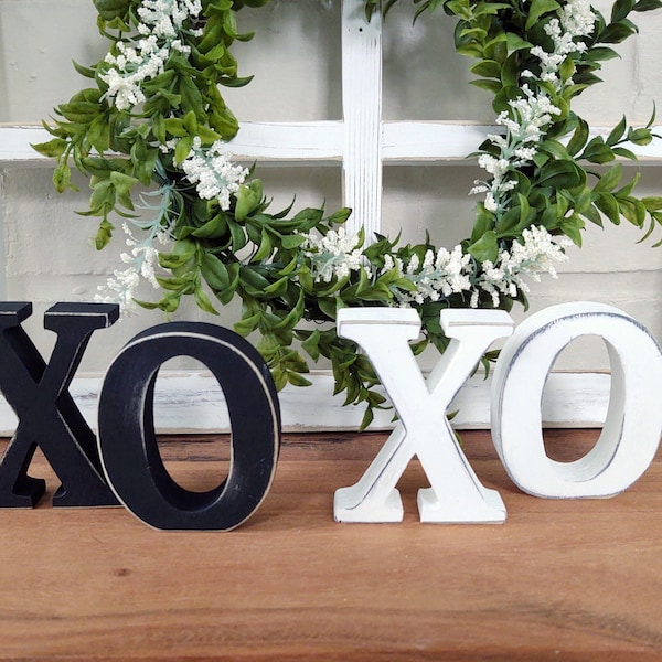 Chunky Wood Block Letters XO Distressed Black or White Tiered Tray Display