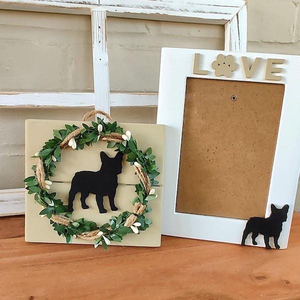 French Bulldog Frenchie Wood Picture Frame Small Wood Sign With Berry Wreath Dog Lover Gift Pet Memorial Sympathy Gift