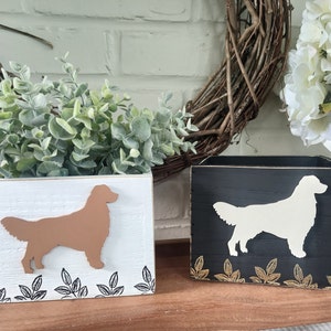Square Decorative Wood Storage Bin With Golden Retriever Floral Embossing Catch All Planter Rustic Farmhouse Decor Dog Lover Gift