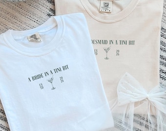 A Bride In A Tini Bit Shirt, Long Sleeve Shirts, Sweatshirts, Tini Bit Engaged, Custom Bride Shirt, Espresso Martini Bride, Martini Bach