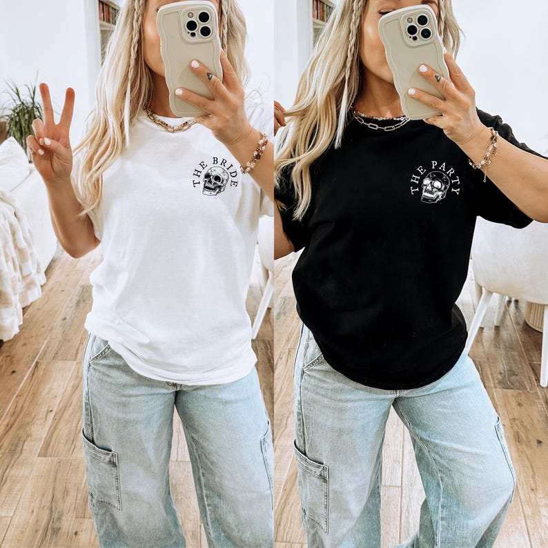 May include: Two people wearing matching t-shirts with a skull graphic and the text "The Bride" and "The Party". They are both wearing light blue jeans.
