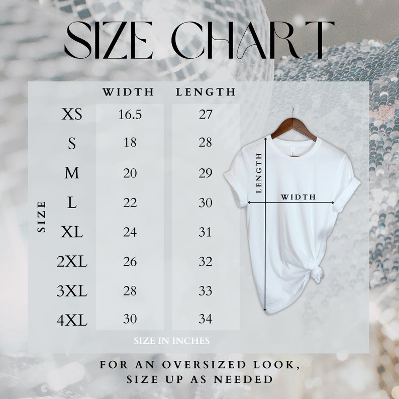 Puede incluir: Tabla de tallas para una camiseta con medidas en pulgadas para el ancho y la longitud. Las tallas incluyen XS, S, M, L, XL, 2XL, 3XL y 4XL. La tabla muestra el ancho y la longitud de cada talla. El texto "Para un look de talla grande, elige una talla m&aacute;s grande si es necesario" est&aacute; en la parte inferior de la tabla.