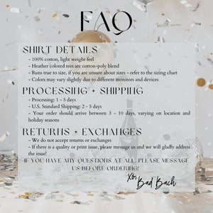 Puede incluir: FAQ para una tienda de ropa con detalles sobre los materiales de las camisas, los tiempos de procesamiento y env&iacute;o, las devoluciones y los cambios. El texto incluye la frase "X&ocirc;, Bad Bach".