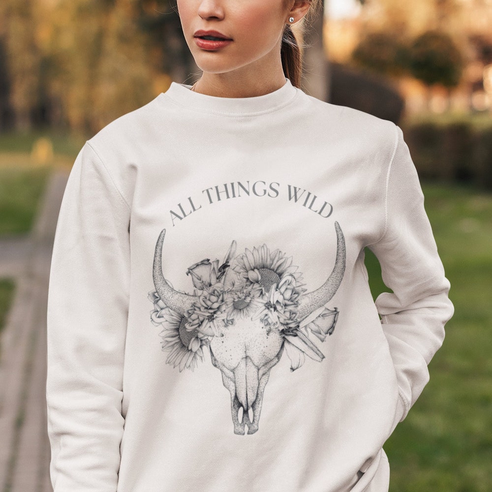 Cow Print Shirt,Cow Skull Sweatshirt, Cow Sweatshirt, Boho Cow Skull Shirt, All Things Wild, Farm Girl Shirt Livingmall