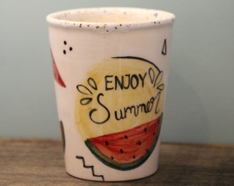 Enjoy Summer Mug, Unique Mug, Office Mug, Custom Mug, Beach House Mug, Summerhouse Gift, Watermelon, Handmade Ceramic, Coffee Lover