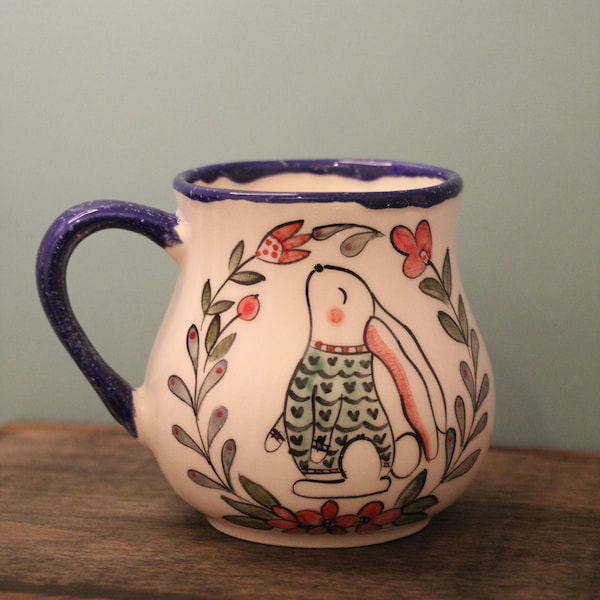 Rabbit Mug, Bunny Mug, Custom Mug, Blue Glazed Mug, Housewarming Gift, Handmade Ceramic Mug, Coffee Lover Gift, Cozy Coffee Mug,