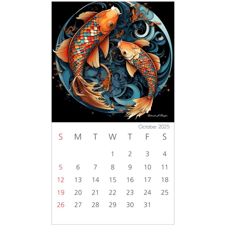 2025 Wall Calendar, Fractal Surrealism, Koi Fish Etsy