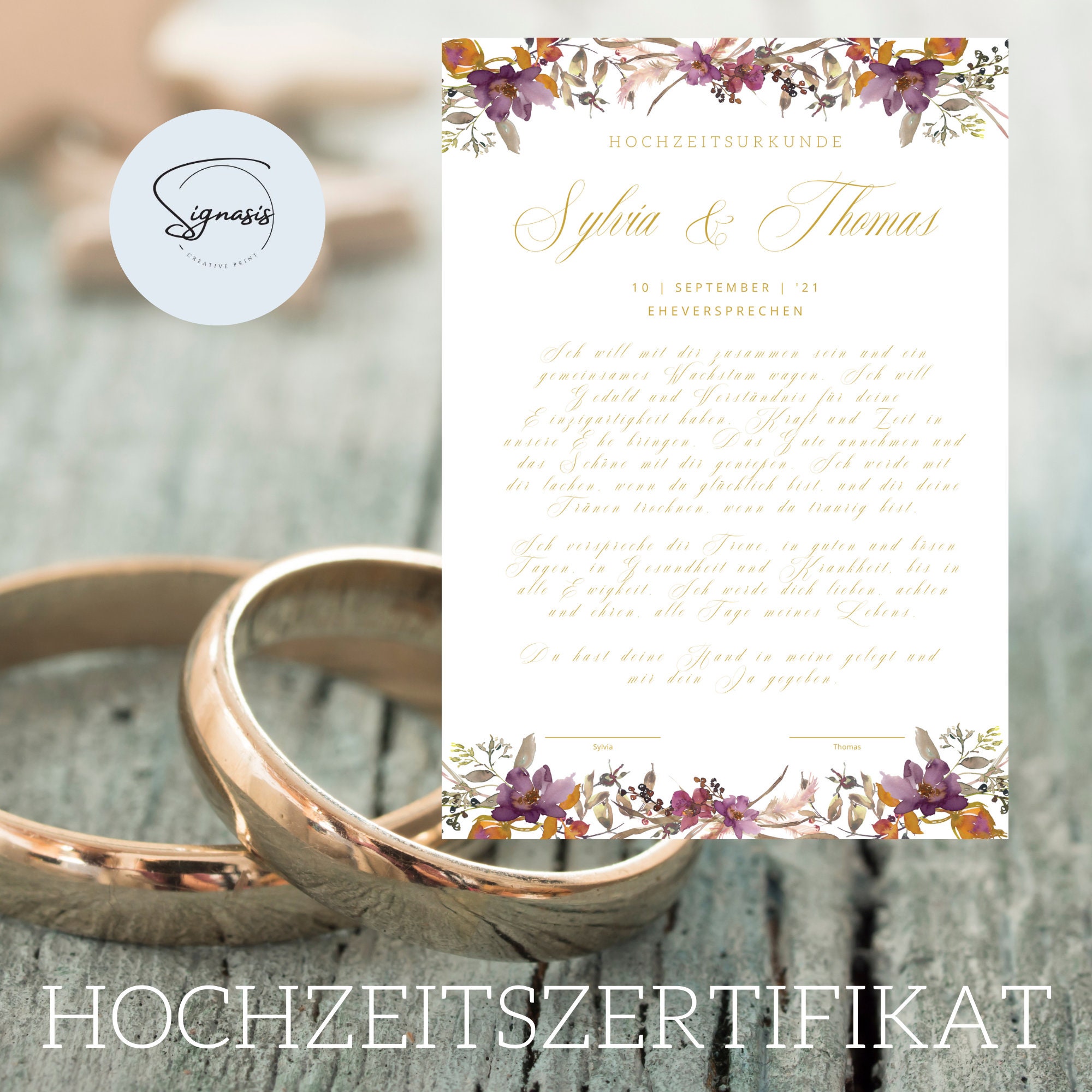 HOCHZEIT Zertifikat Urkunde Digital Einladung "BOHO floral