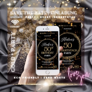 Invitation numérique | Enregistrer la date | Anniversaire | WhatsApp - eCard « GOLD Party » PERSONNALISÉE, ANIMÉE