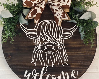 Highland Cow Door Hanger | Farmhouse | Welcome | Front Door Decor | Year Round | Door Sign | Door Hanger  | Housewarming Gift | Home Decor