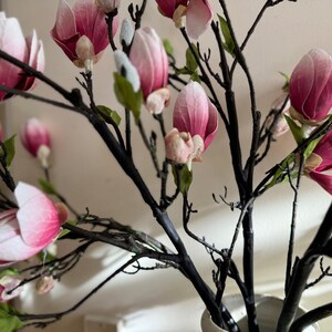 May include: A bouquet of pink magnolia flowers with black stems. The flowers are arranged in a vase.