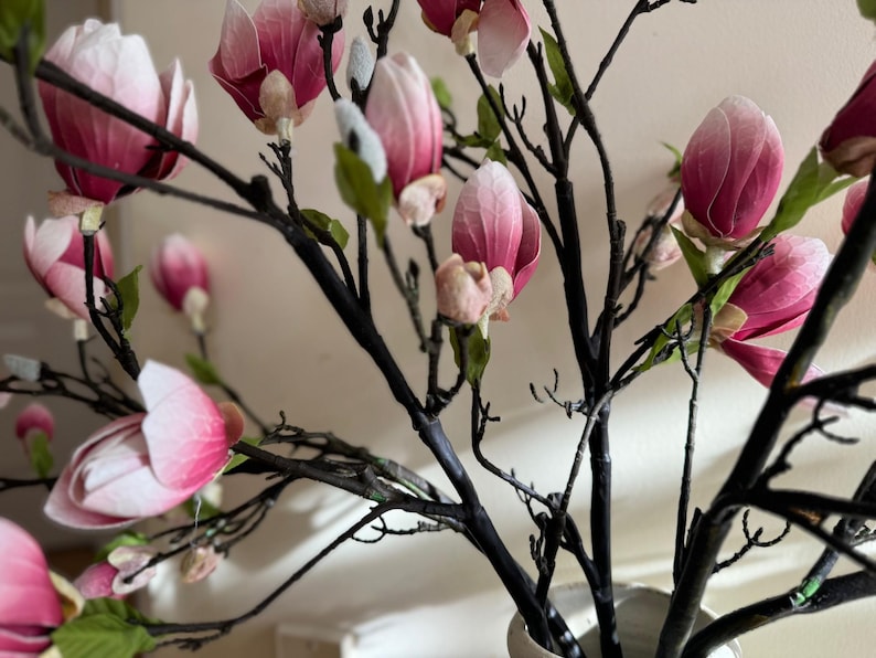 May include: A bouquet of pink magnolia flowers with black stems. The flowers are arranged in a vase.