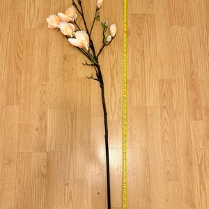 May include: A single stem of artificial magnolia flowers with peach-colored blossoms and green leaves. The stem is brown and measures approximately 30 inches in length.