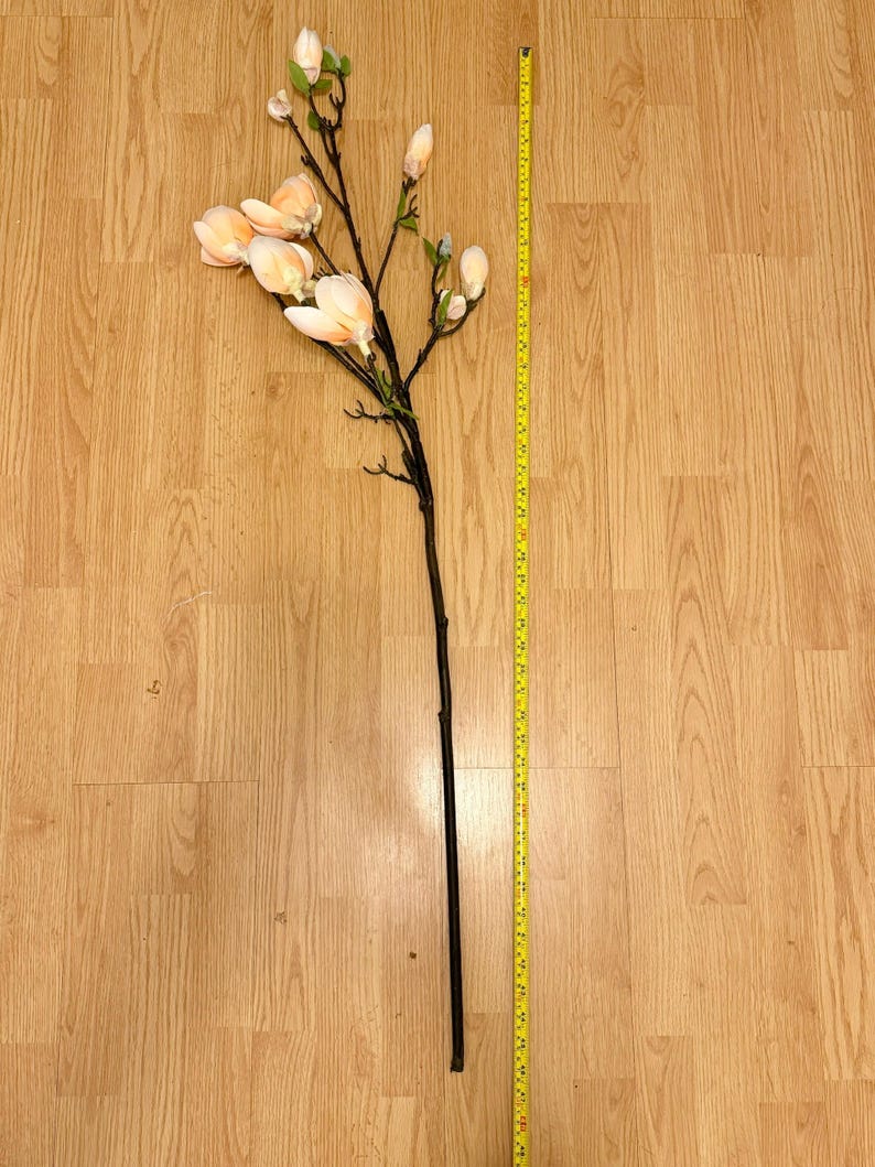 May include: A single stem of artificial magnolia flowers with peach-colored blossoms and green leaves. The stem is brown and measures approximately 30 inches in length.