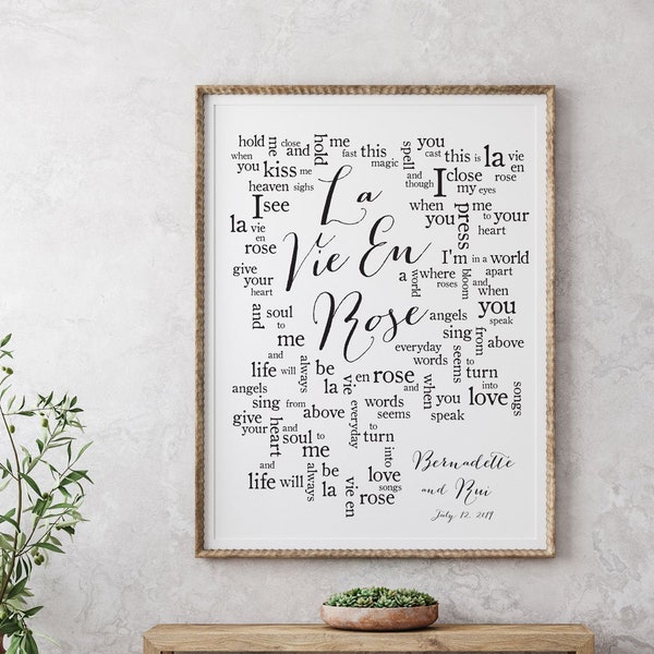 La Vie en Rose//Wedding Song Lyrics Wall Art//Wedding Gift//One Year Anniversary//Paper Anniversary//Edith Piaf (Fr), Louis Armstrong (En)