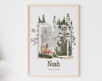 Woodland Nursery Print - Personalized New Baby Wall Decor - Forrest Animal Theme - Mountain Baby Shower - Monogram