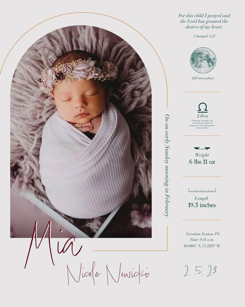 Personalized Newborn Birth Wall Art Custom Zodiac Sign Print & Moon