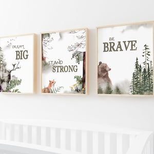 Woodland Nursery Prints Set of 3 New Baby Wall Decor Forrest Animal Theme Be Brave Stay Strong Dream Big winter baby shower image 1