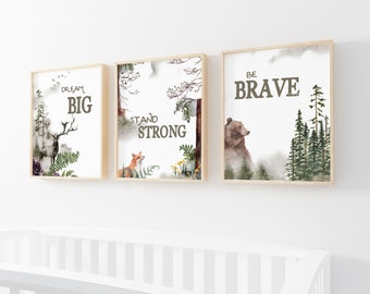 Woodland Nursery Prints - Set of 3 - New Baby Wall Decor - Forrest Animal Theme - Be Brave - Stay Strong - Dream Big - winter baby shower