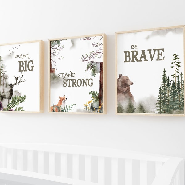 Woodland Nursery Prints - Set of 3 - New Baby Wall Decor - Forrest Animal Theme - Be Brave - Stay Strong - Dream Big DIGITAL DOWNLOAD