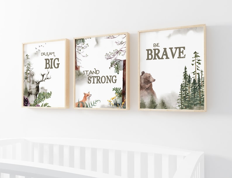 Woodland Nursery Prints Set of 3 New Baby Wall Decor Forrest Animal Theme Be Brave Stay Strong Dream Big winter baby shower image 1