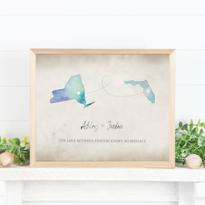 Long Distance Friendship Gift // Personalized State Watercolor Print // Long Distance Relationship Gift // Love Knows No Distance