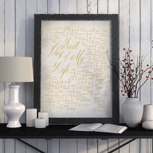 First Day of My Life//Wedding Song Lyrics Wall Art//Wedding Gift//One Year Anniversary Gift//Paper Anniversary//Bright Eyes