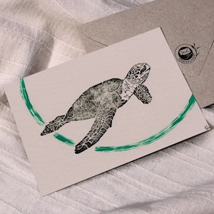 Kunstkarte Linoldruck Schildkröte mit Graspapier-Umschlag
