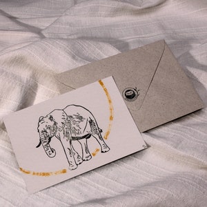 Art card lino print elephant with grass paper envelope