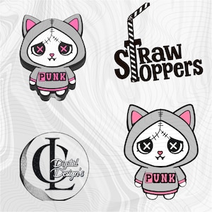 May include: Illustration featuring two cartoon cat figures wearing gray hoodies with pink accents and the word "PUNK" on their shirts. The image also includes the text "Straw Stoppers" and a circular logo with the text "Digital Design's".