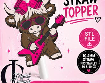 Highland Cow, Rocker, 3D Printed Straw Topper, Stanley Tumblers, PLA Accessory, Cup Charms
