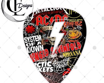 May include: A guitar pick featuring a collage of various rock band logos and graphics, including Metallica, AC/DC, Guns N' Roses, Blink-182, Red Hot Chili Peppers, System of a Down, Avenged Sevenfold, Nirvana, Arctic Monkeys, and Our Last Night, with a white lightning bolt.