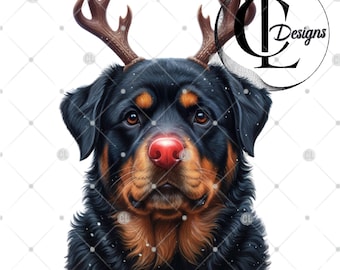 May include: A Rottweiler dog illustration wearing reindeer antlers and a red nose. The dog has black fur with brown markings and is set against a white background with a diamond pattern. The image has a festive Christmas theme.