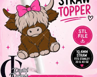 Highland cow, 3D Printed Straw Topper, Stanley Tumblers, PLA Accessory, Cup Charms