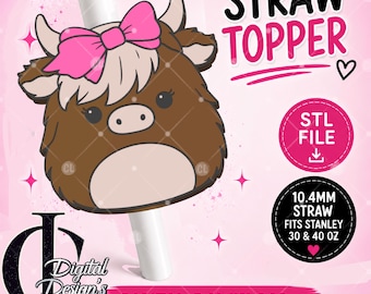 Highland Squish Mallow Cow, 3D Printed Straw Topper, Stanley Tumblers, PLA Accessory, Cup Charms