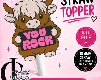 You Rock Cow, 3D Printed Straw Topper, Floaty, Stanley Tumblers, PLA Accessory, Cup Charms