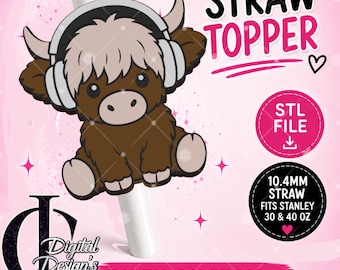 3D Printed Straw Topper, Highland cow, Head phones, Stanley Tumblers, PLA Accessory, Cup Charms