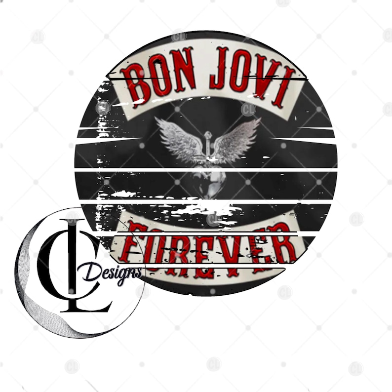 May include: A circular graphic design featuring the text BON JOVI in red letters on a white banner at the top and the word FOREVER in red letters on a white banner at the bottom. A central silver winged heart emblem sits against a black background.
