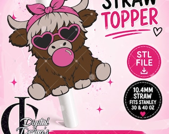 Highland cow, 3D Printed Straw Topper, Stanley Tumblers, PLA Accessory, Cup Charms