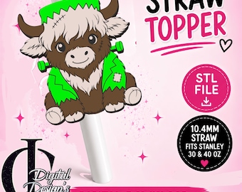Frankinstein Cow, Straw Topper, STL, 3D Print File, (Digital Download), Halloween