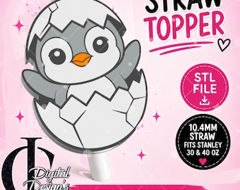 Baby Penguin, 3D Printed Straw Topper, STL, Stanley Tumblers, PLA Accessory