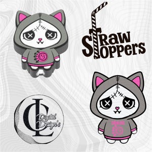 May include: A collection of cartoon cat designs in gray, white, and pink. One design is a 3D figure, and another is a flat illustration. The cat wears a hoodie with a stitched face and a pink logo. The text "Straw Stoppers" is also visible.