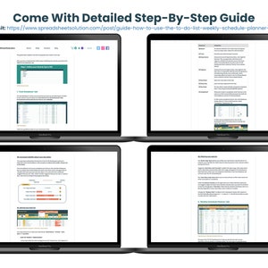 K&ouml;nnte beinhalten: Vier Screenshots eines Laptops, auf dem eine Website mit einer Schritt-f&uuml;r-Schritt-Anleitung zur Verwendung einer To-Do-Liste und eines Wochenplaners angezeigt wird. Die Website tr&auml;gt den Titel "Come With Detailed Step-By-Step Guide" und enth&auml;lt Screenshots des Planers.